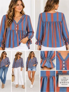 Source Unknown Blue & Rust Vertical-Stripe Peplum Tunic